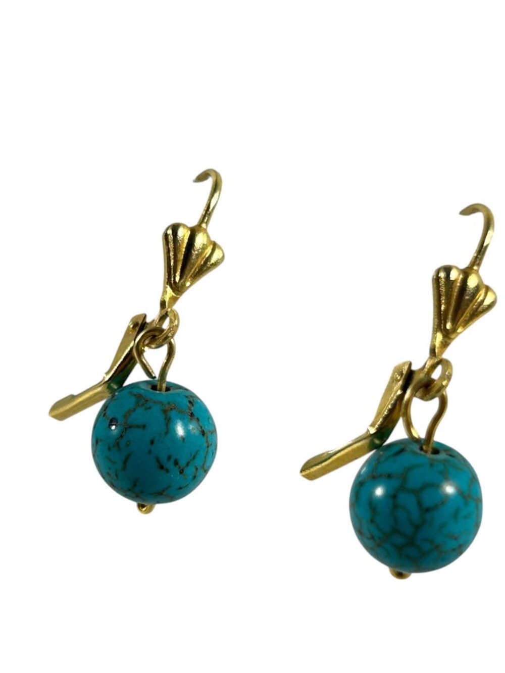 Faux Turquoise Drop Earrings Gold Tone Leverback Dangle Round Bead